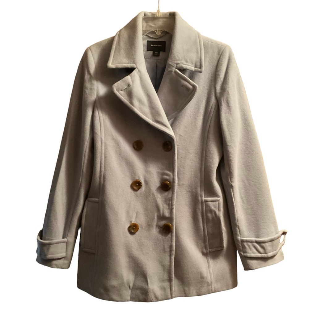 Women’s Lands’ End Light Blue Wool Double Breasted Pea Coat. Wool Cashmere